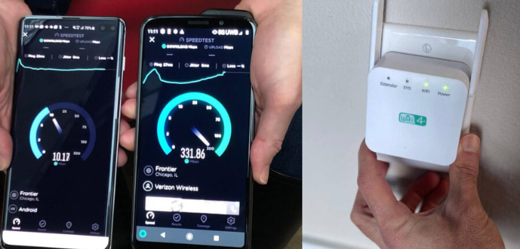 collage of wifi speed and wifi extender