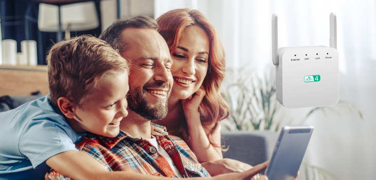 family laughing while watching a mobile